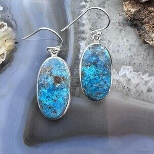 Sterling Silver Southwestern Style Oval Shattuckite Dangle Earrings For Women